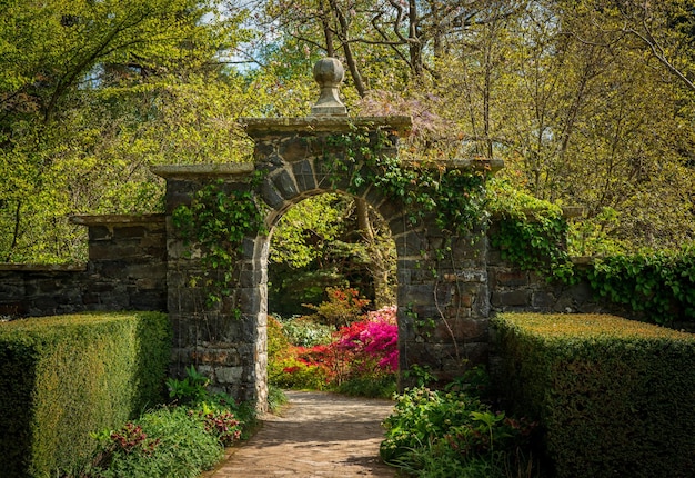 Azalea's en Rhododendron-bomen omringen de poort in de lente