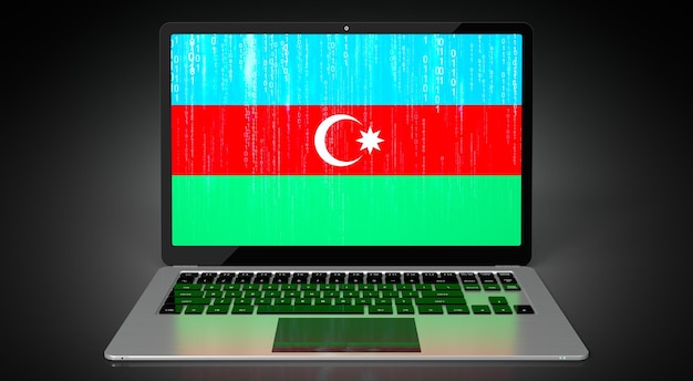 Foto bandiera del paese dell'azerbaigian e codice binario sull'illustrazione 3d dello schermo del laptop