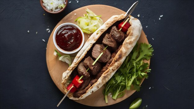 Photo azerbaijani beef kebab in lavash bread with onion salad and bbq sauce