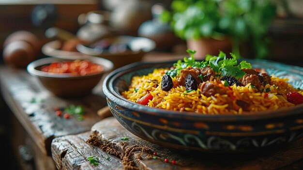 Azerbaijani pilaf with meat and dried fruits on a serving platter