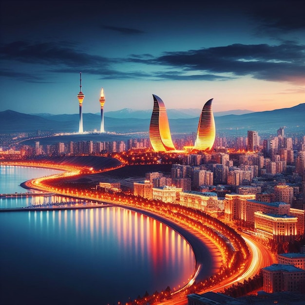 Foto azerbeidzjan baku flame towers kaspische zee futuristische stad boulevard