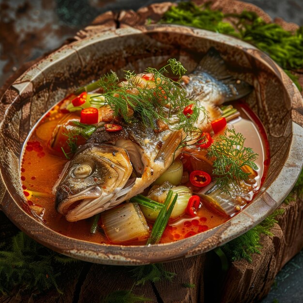 Photo azeri syrdak with sea bass homemade asian seafood dish vegetables and leek on natural moss