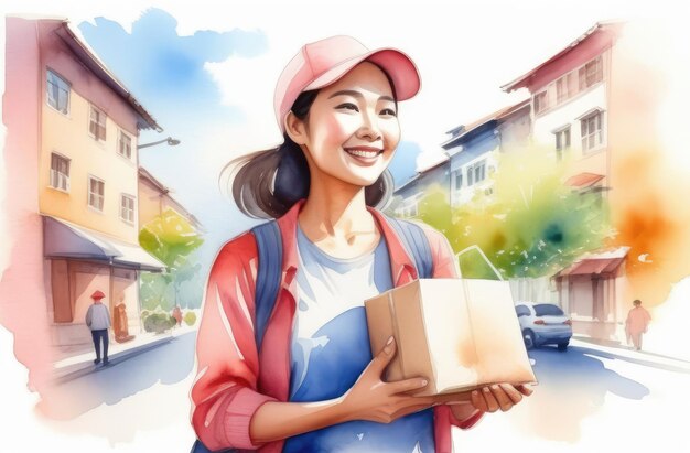 Aziatisch bezorgmeisje glimlacht met een pakket in de hand en loopt door de stad straat aquarel illustratie