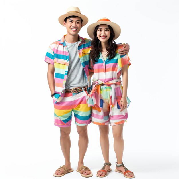 Aziatisch echtpaar in vakantiekleding geïsoleerd op een witte of transparante achtergrond