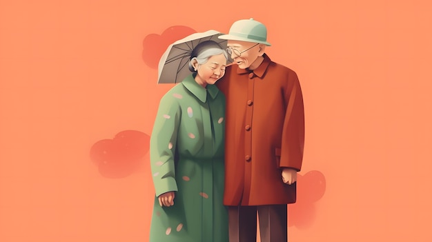 Aziatisch echtpaar met paraplu op oranje achtergrond retro stijl