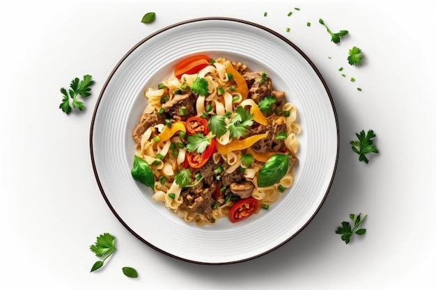 Aziatisch eten Gebakken Thaise rijstnoedels met vlees en groenten Chinese rijstvermicelli met vleespeterselie en paprika Bovenaanzicht plat lag geïsoleerd
