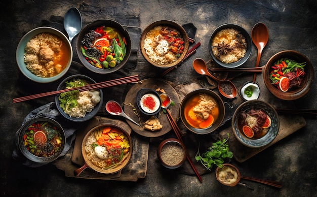 Aziatisch eten in verschillende kommen op een donkere achtergrond