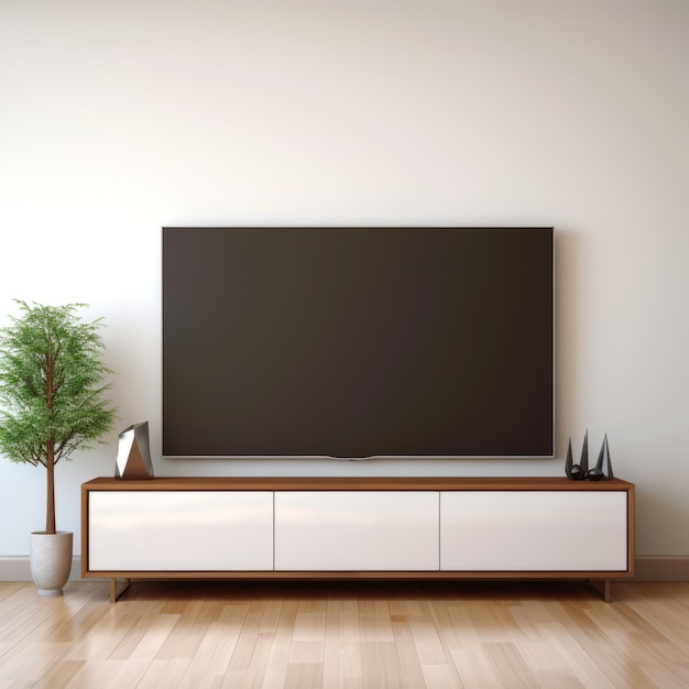 Aziatisch geïnspireerde witte tv-stand met plant op houten vloer