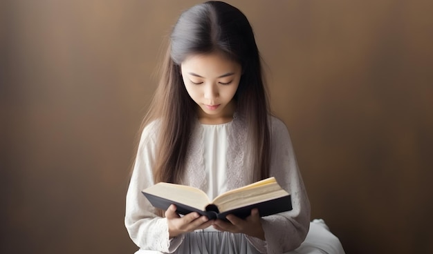 Aziatisch jong meisje dat de heilige bijbel leest