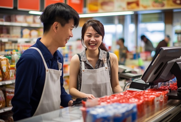 Aziatisch jongen en meisjespaar dat betaling doet bij de kassier van de supermarkt