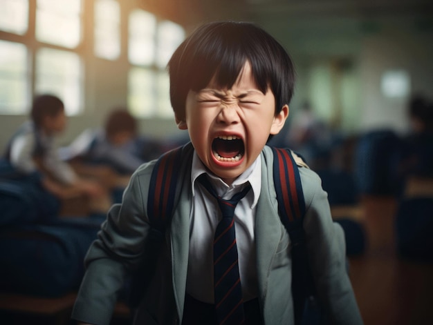 Aziatisch kind in emotionele dynamische pose op school