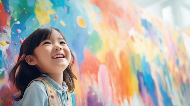 Aziatisch klein meisje schildert de kleurrijke regenboog en lucht op de muur en ze ziet er gelukkig en grappig uit concept van kunsteducatie en leert door middel van spelactiviteit voor kind kopieerruimte voor tekst