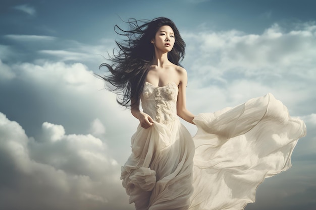 Aziatisch meisje in een witte jurk tussen de wolken Neuraal netwerk AI gegenereerd