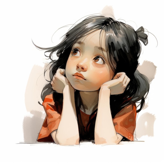 Aziatisch meisje in het denken en twijfels aquarel illustratie Jonge vrouw teken met dromerig gezicht op abstracte achtergrond Ai gegenereerd helder getekende kleurrijke poster
