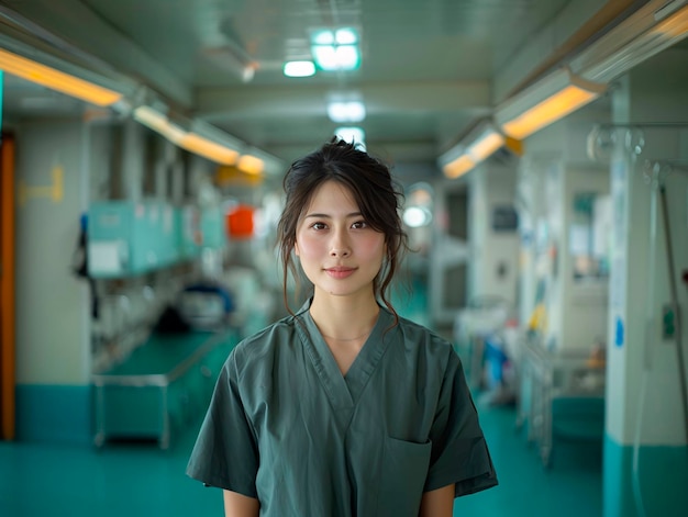 Foto aziatisch meisje in medisch uniform in het ziekenhuis generatief ai