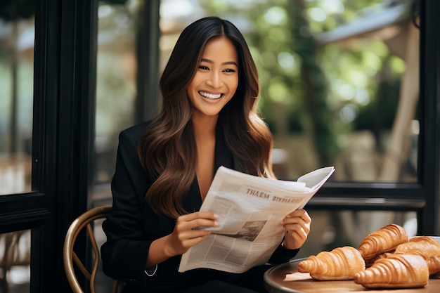 Aziatisch meisje kijkt verbaasd naar pagina's lezen en eten croissant