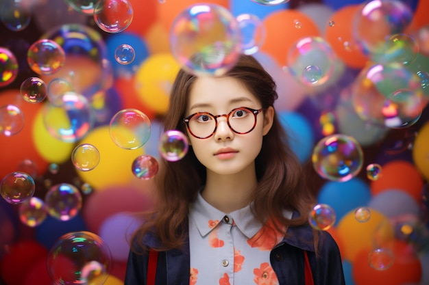 Aziatisch meisje met een bril portret omringd door bubbels van kleur regenboog feest vrolijk