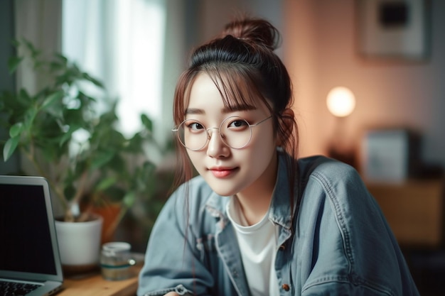 Aziatisch meisje met een bril zit in een café met een plant op de achtergrond