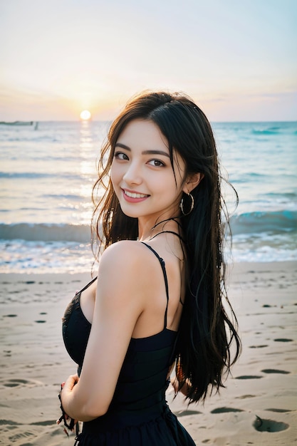 Aziatisch meisje met een jurk met een grote borst glimlachend met zonsopgang op het strand achter haar