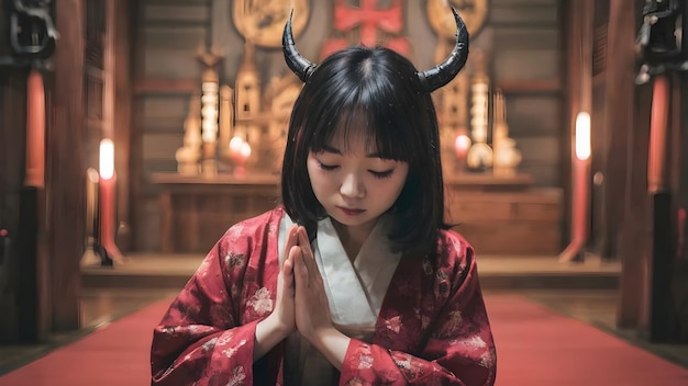 Aziatisch meisje met een satanische rituele achtergrond