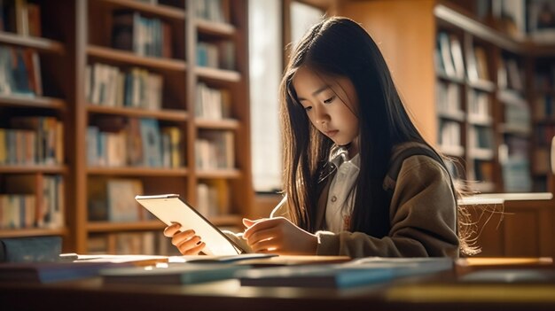 Aziatisch meisje studeert in de kunstmatige intelligentie van de schoolbibliotheek