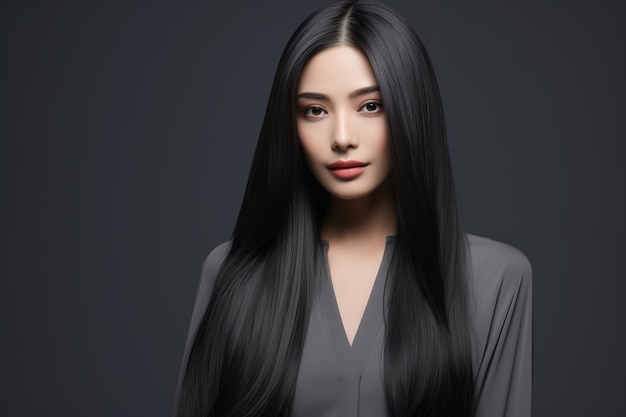 Aziatisch meisjeshaarproductmodel met zwart haar op grijze achtergrond