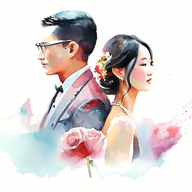 Aziatisch paar bruiloft aquarel