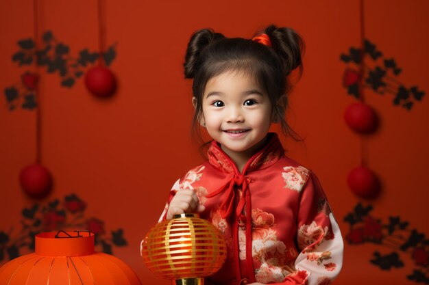 Foto aziatisch schattig meisje met een chinese nieuwjaarslantaarn.