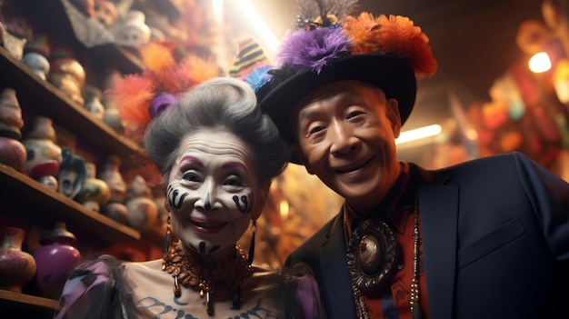 Foto aziatisch seniorenpaar viert voor de gelegenheid de dag van de doden met make-up en kleding