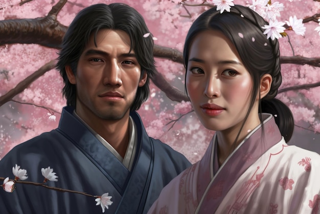 Aziatisch stel en kersenbloesem man en vrouw verliefd in de buurt van sakura generatieve AI