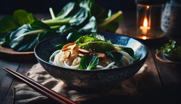 Aziatisch vegetarisch eten udon noedels met bok choy Traditionele Japanse keuken