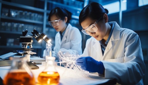 Foto aziatisch wetenschappelijk team heeft onderzoek gedaan in het laboratorium microbioloog of medisch werknemer gebruik test