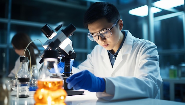 Aziatisch wetenschappelijk team heeft onderzoek gedaan in het laboratorium Microbioloog of medisch werknemer gebruik test