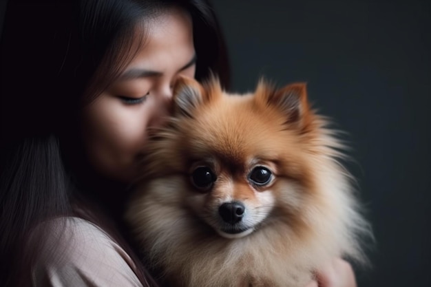 Aziatische aantrekkelijke vrouwelijke hand knuffel knuffel Pommeren schattig schoothondje werken vanuit huis studio met geluk en vrolijkaziatische vrouw thuis blijven en werken met kleine hond vriend samen