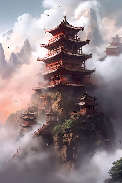 Aziatische architectuur boven de wolken