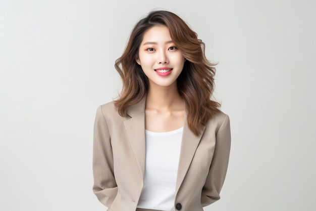 Aziatische bedrijfsvrouw die beige blazer draagt die op witte achtergrond glimlacht