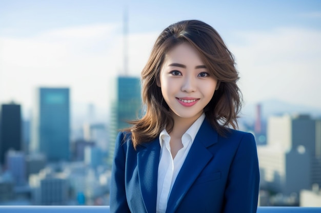 Aziatische bedrijfsvrouw die blauwe blazer draagt die zich met mening van wolkenkrabbers bevindt