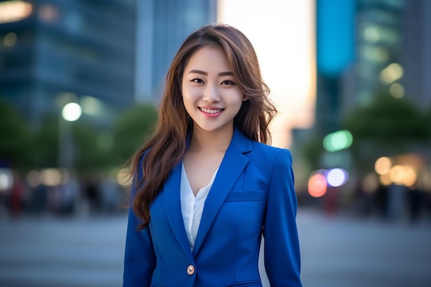 Aziatische bedrijfsvrouw die blauwe blazer draagt die zich met mening van wolkenkrabbers bevindt