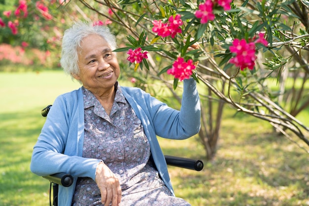Aziatische bejaarde vrouw met rode rozenbloem glimlach en gelukkig in de zonnige tuin