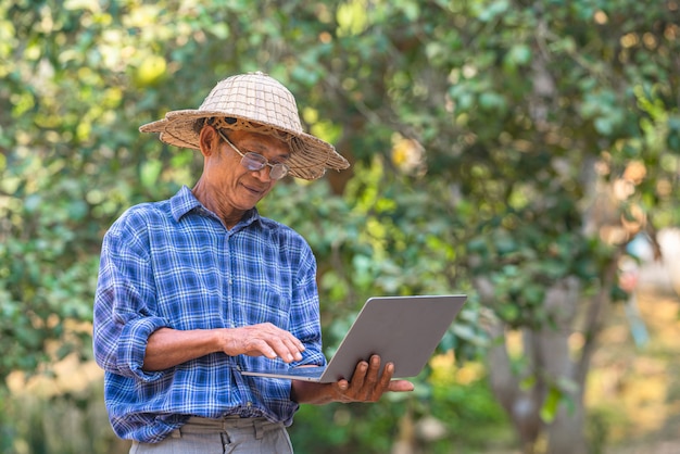 Aziatische boer in het veld met laptop