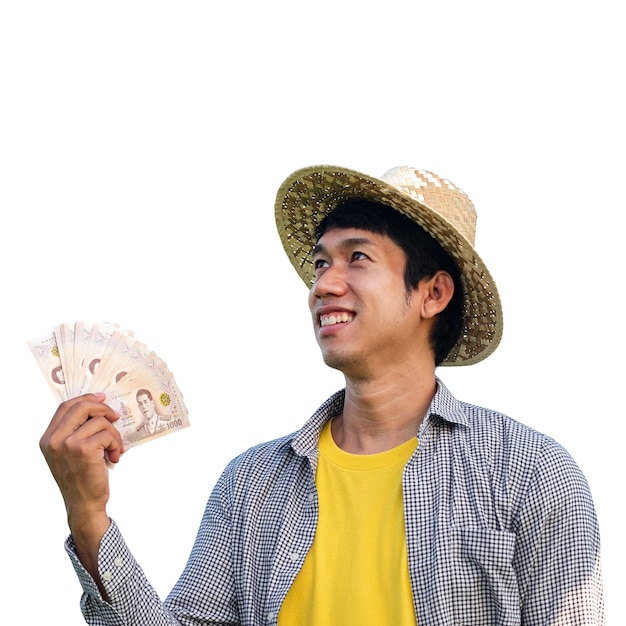 Aziatische boer man glimlach en houdt Thais bankbiljetgeld