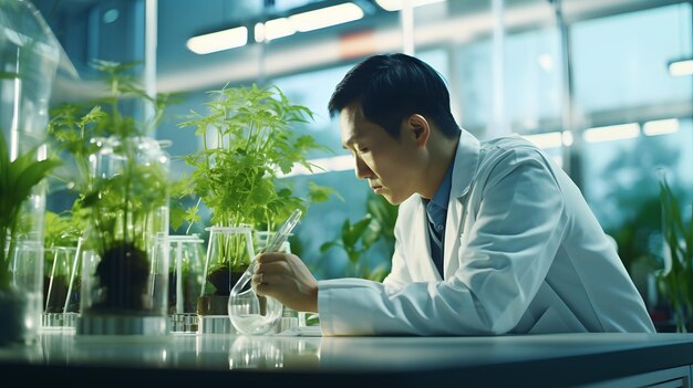 Foto aziatische botanicus inspecteert planten in een lab met behulp van genetische techniek en hydroponics een openhartige snapshot