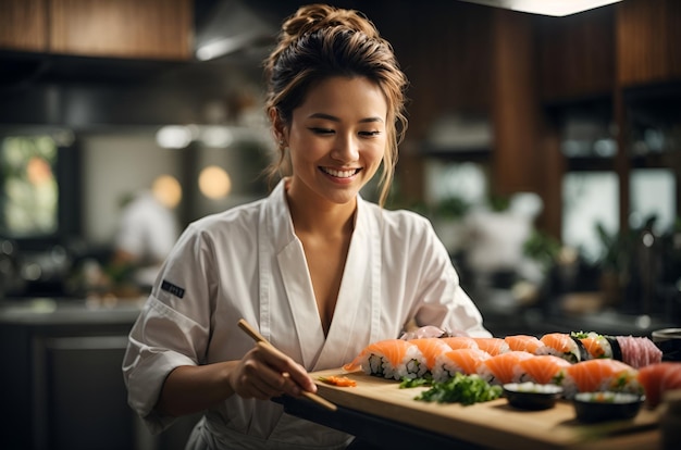 Aziatische chef-kokvrouw die sushi voorbereidt