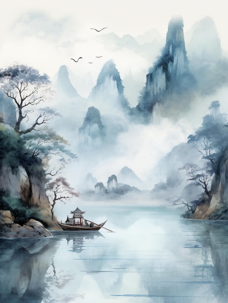 aziatische chinese bergen met een boot op het landschapdonkerwit en hemelsblauw inktvrij penseelwerk