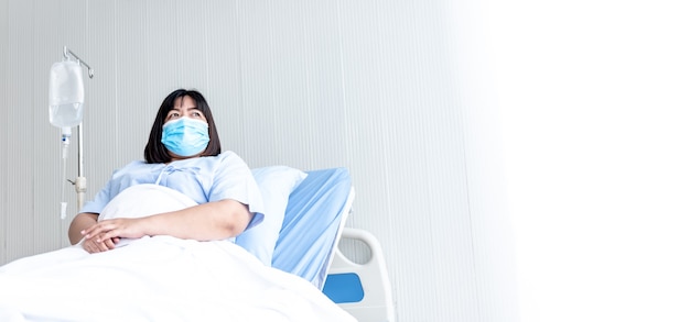 Aziatische dikke vrouwenpatiënten dragen een chirurgisch masker voorkom de verspreiding van ziektekiemen, liggend in het bed van de patiënt met alleen, witte achtergrond, voor de gezondheidszorg van mensen en het covid-19-infectieconcept.