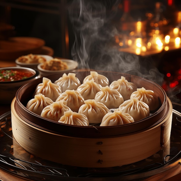 Foto aziatische dim sum dumplings in de hete houten stoom