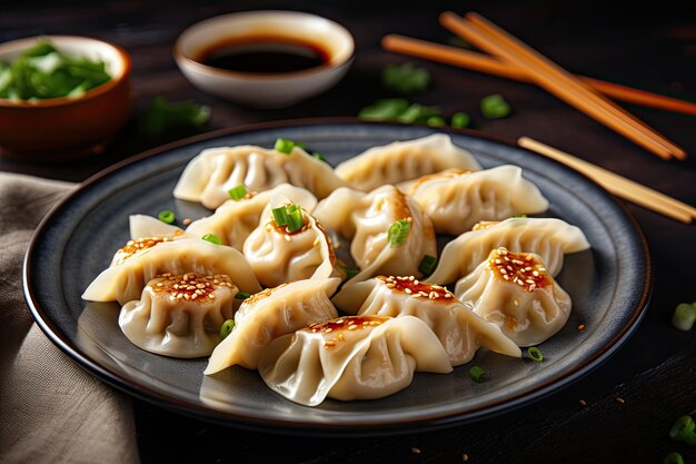 Foto aziatische dim sum dumplings met sojasaus en sesamzaadjes