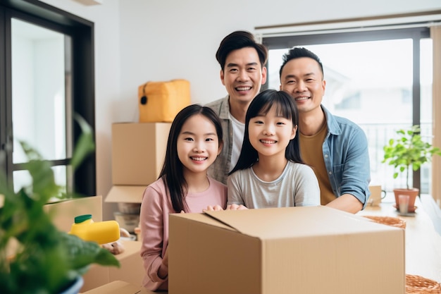 Aziatische familie dozen uitpakken in hun nieuwe huis Echte staat en verhuisconcept