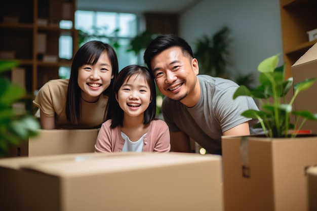 Aziatische familie dozen uitpakken in hun nieuwe huis Echte staat en verhuisconcept