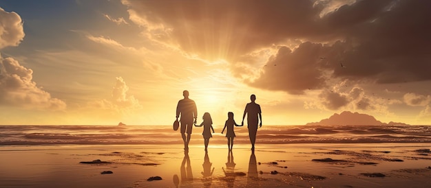 Aziatische familie geniet van een vrolijke strandwandeling voor een zee en wolken gevulde lucht